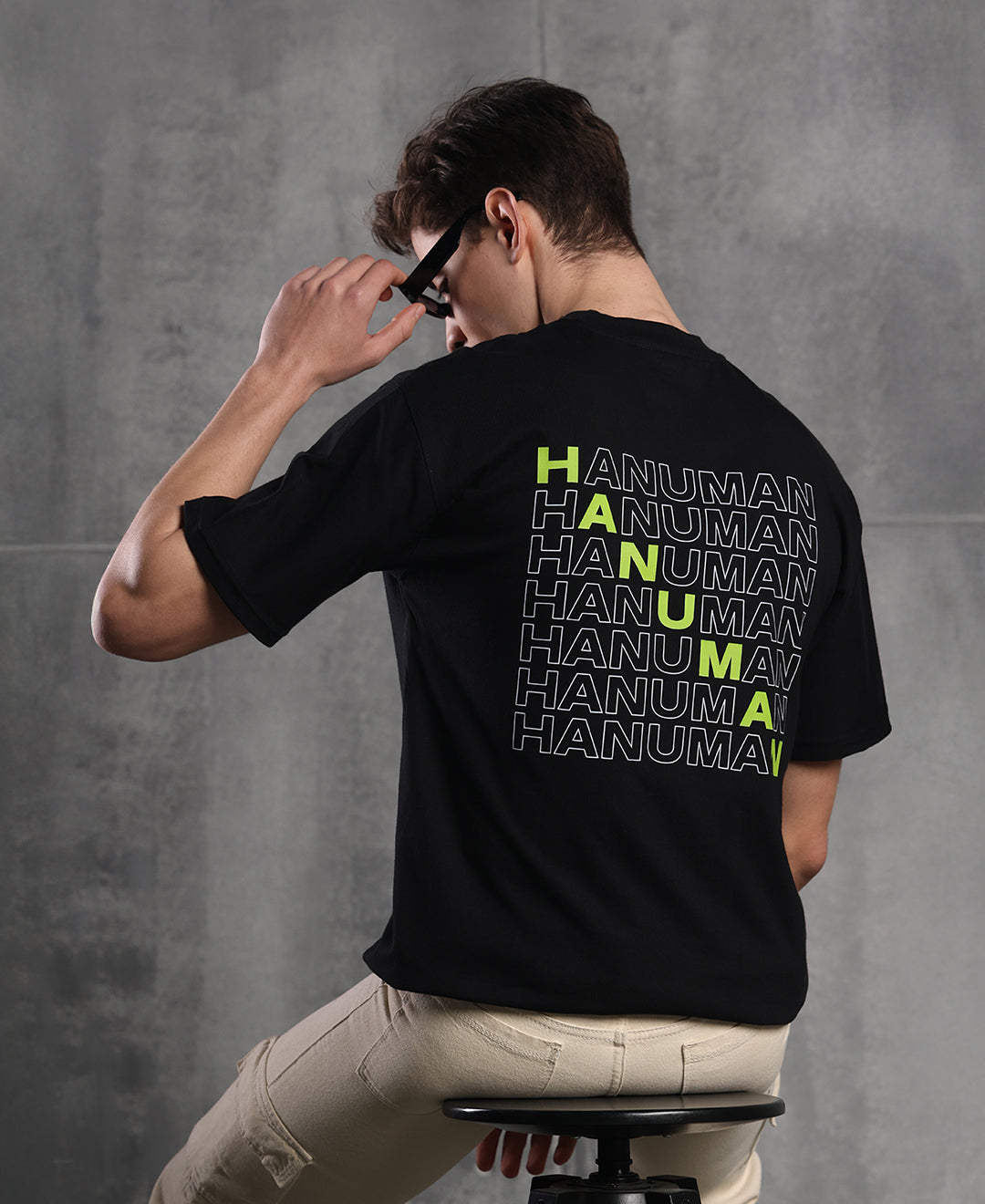 Model wearing Parambhakt RAM oversized T-shirt featuring Ram ji artwork
