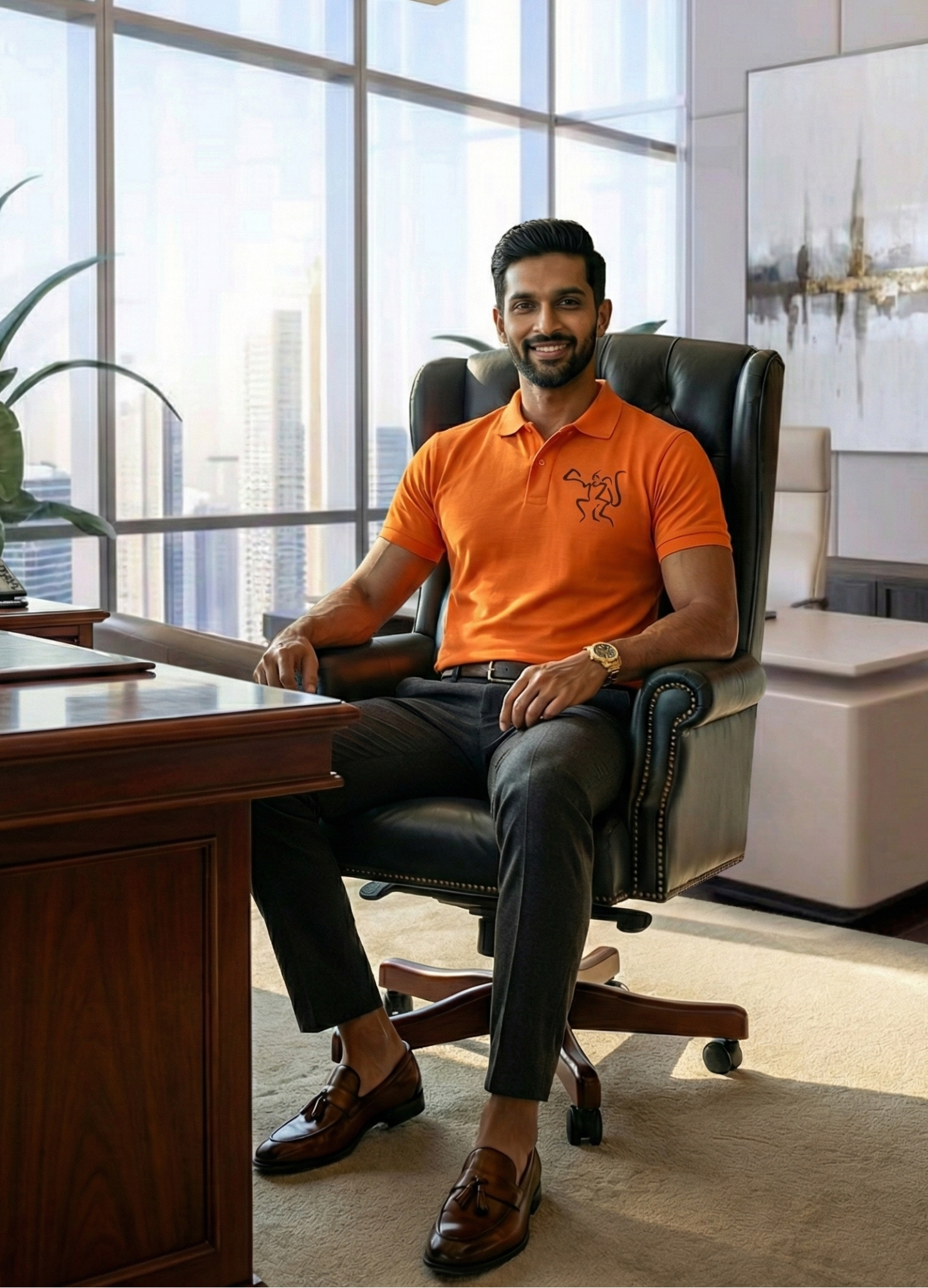 Entrepreneur wearing an orange Flying Hanumanji Polo seated in a modern executive office