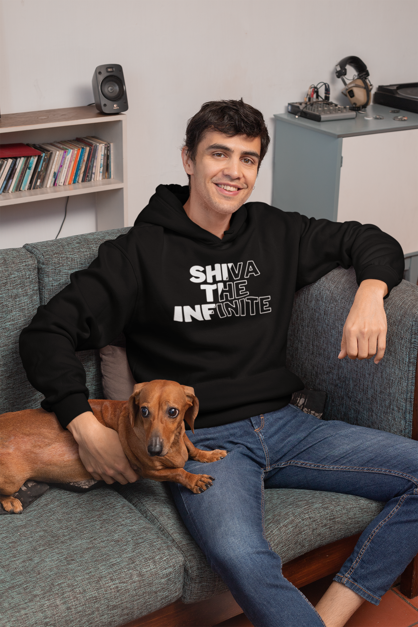 Model wearing Parambhakt Shiva The Infinite oversized hoodie