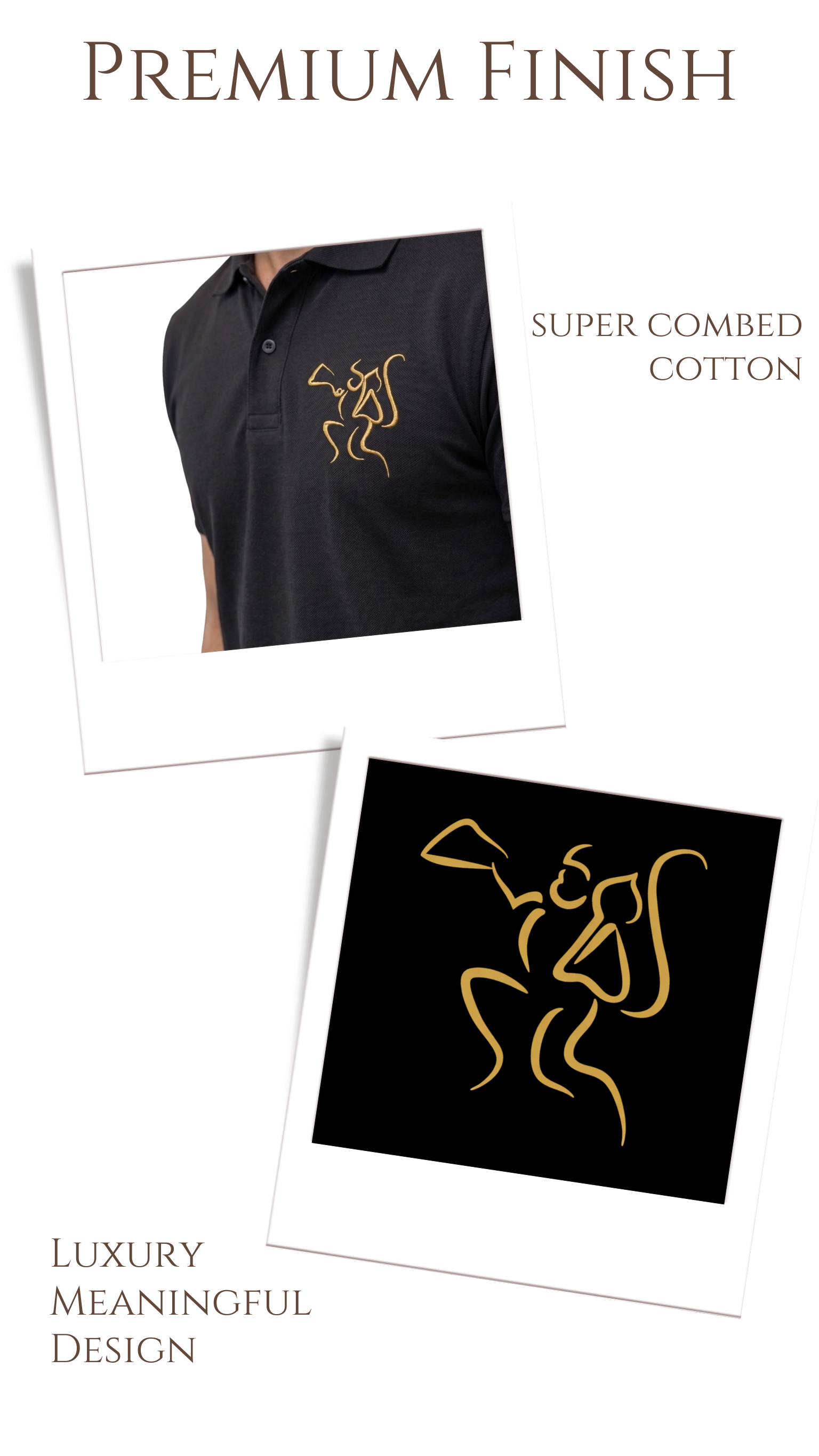 Black polo shirt with gold design on a white background, featuring text about premium finish and super combed cotton.
