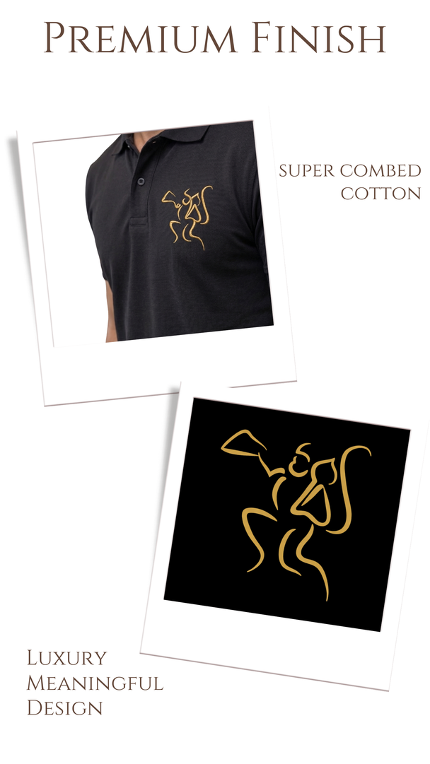 Black polo shirt with gold design on a white background, featuring text about premium finish and super combed cotton.