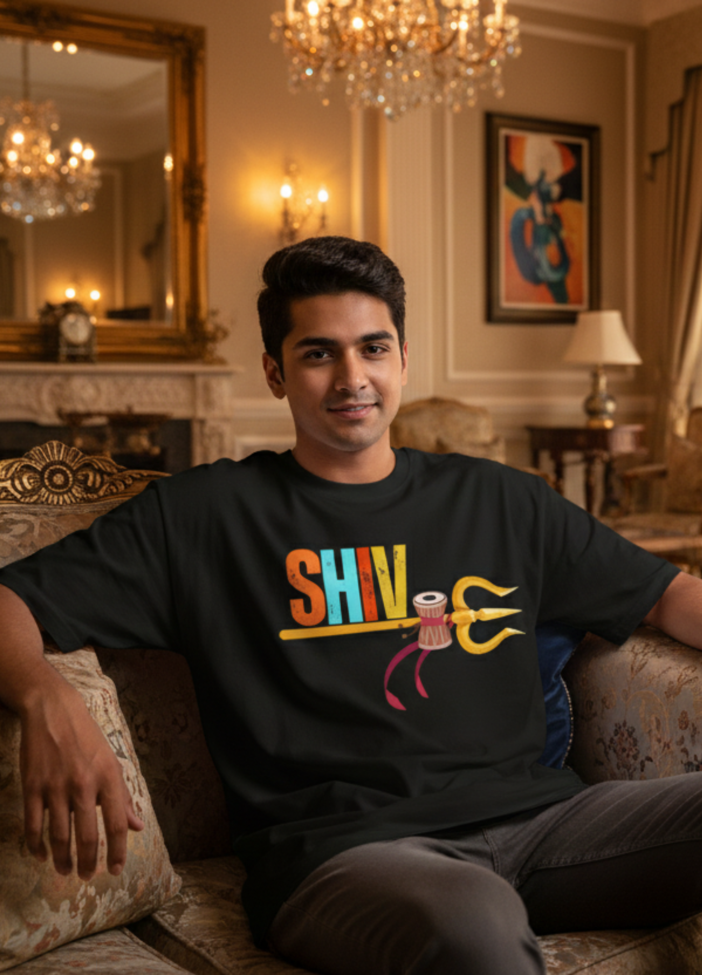 Man wearing a Parambhakt Trishul Damru Oversized T-shirt, sitting on a couch in an elegant room