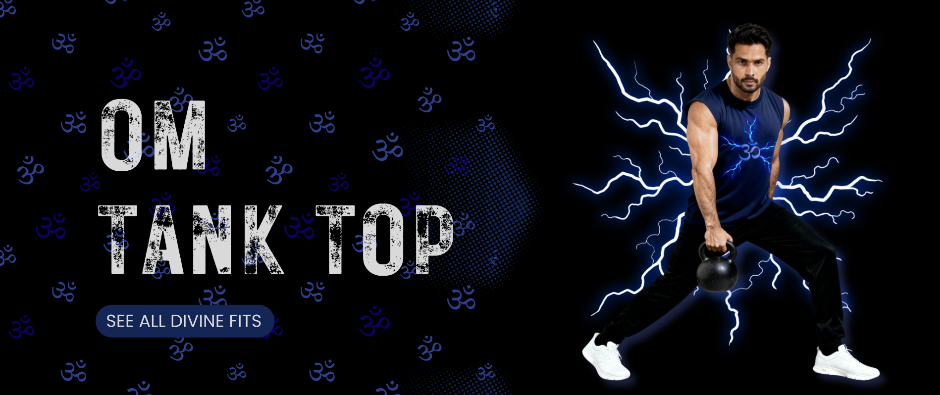 Person wearing a Parambhakt Om tank top holding a kettlebell against a dark background with lightning effects.