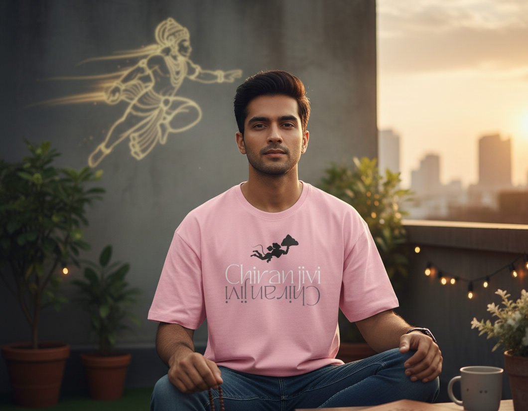 Man sitting on a rooftop with a cityscape in the background, wearing pink Chiranjeevi Oversized T-shirt by Parambhakt