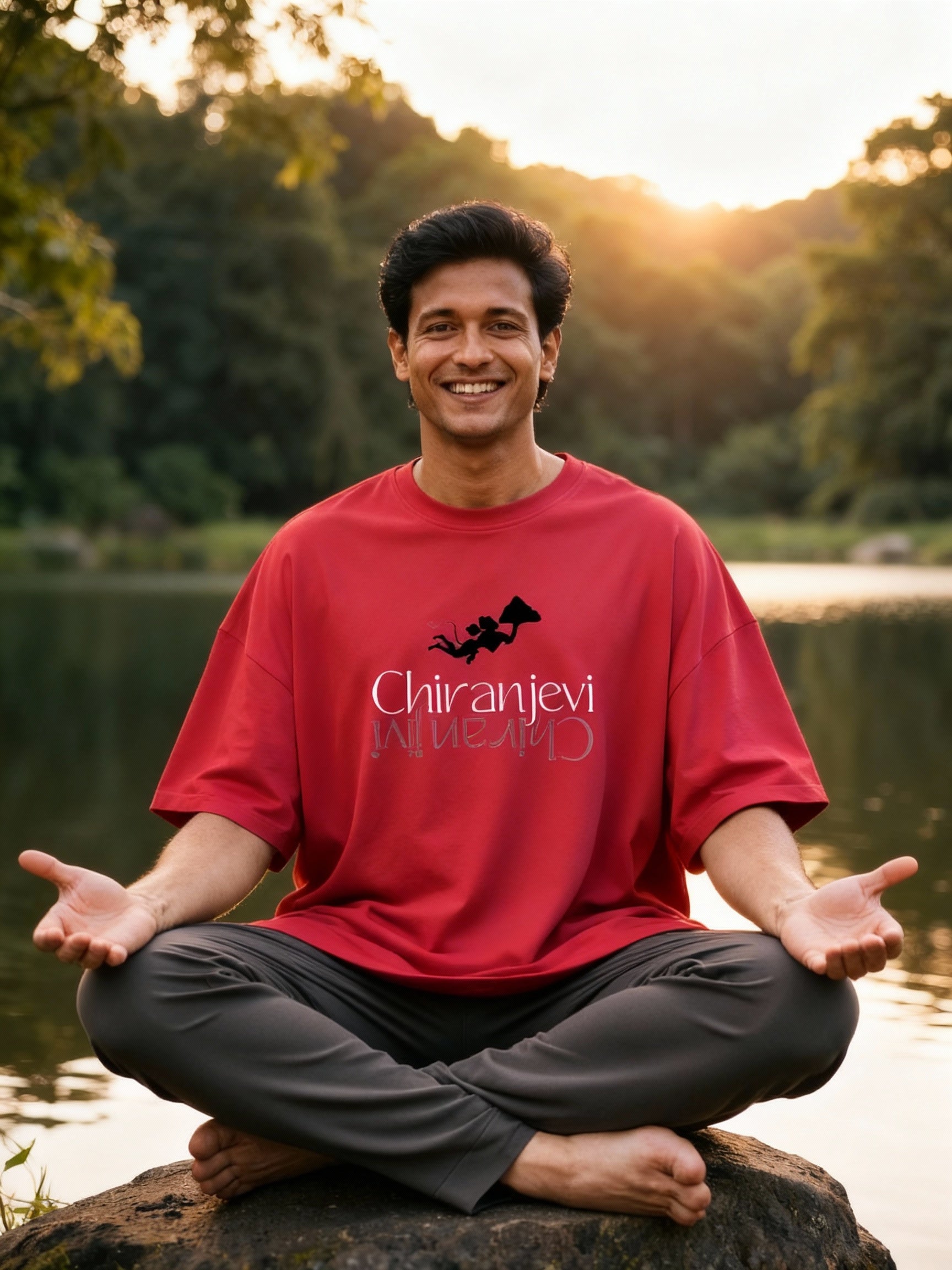 Man in red Parambhakt Chiranjeevi Oversized T-shirt sitting on a rock by a lake with trees in the background