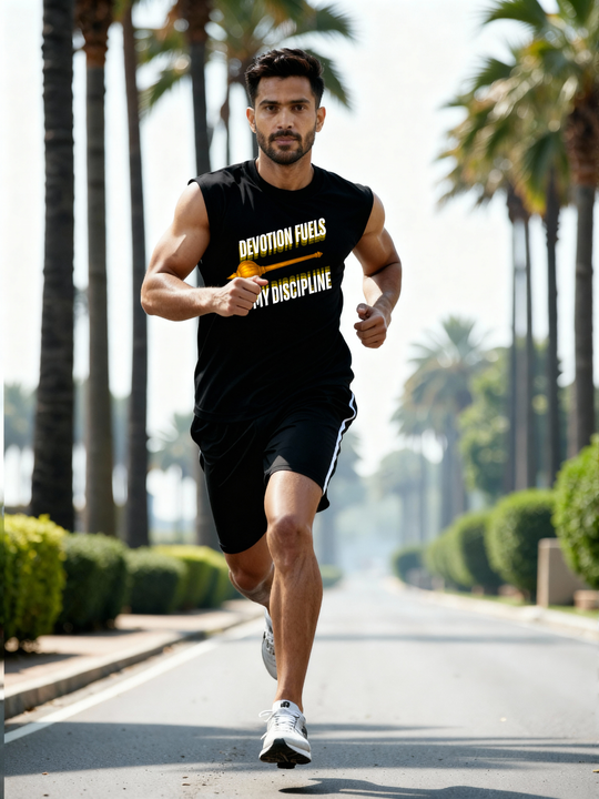 “Man running outdoors wearing Parambhakt Devotion oversized tank top with Hanumanji’s gada design