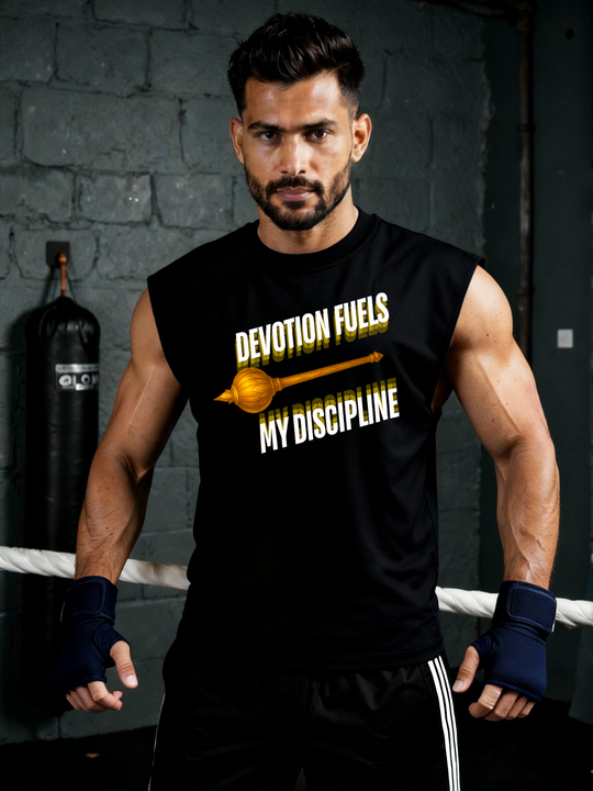 Man training in a gym wearing Parambhakt Devotion oversized tank top with gada design.