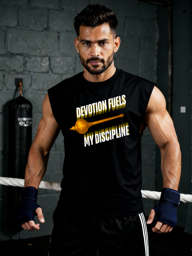 Man training in a gym wearing Parambhakt Devotion oversized tank top with gada design.