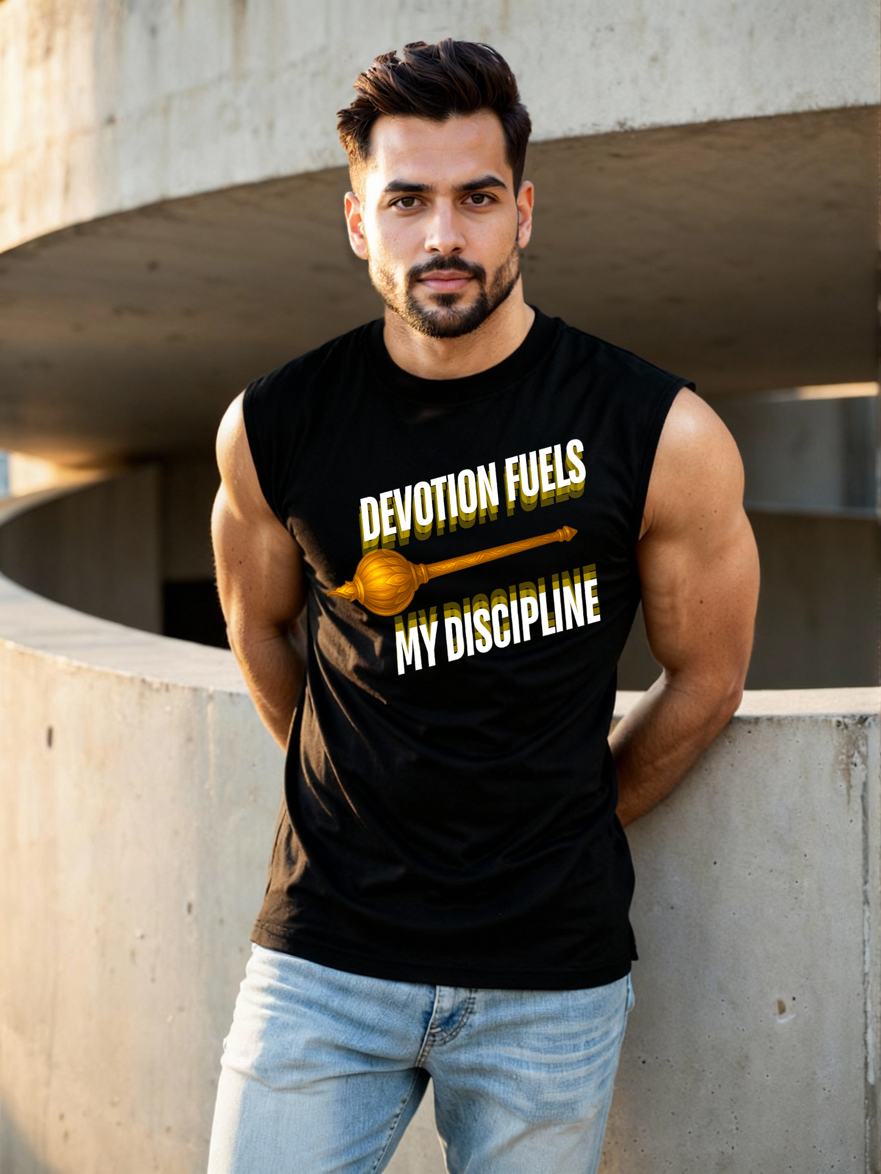 Man wearing Parambhakt Devotion oversized tank top with Hanuman ji’s gada design, posing in an urban outdoor setting.