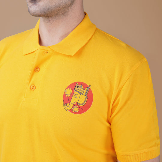 Close-up of the yellow Parambhakt Ganeshji Polo featuring the detailed Ganesh ji artwork printed on the chest.
