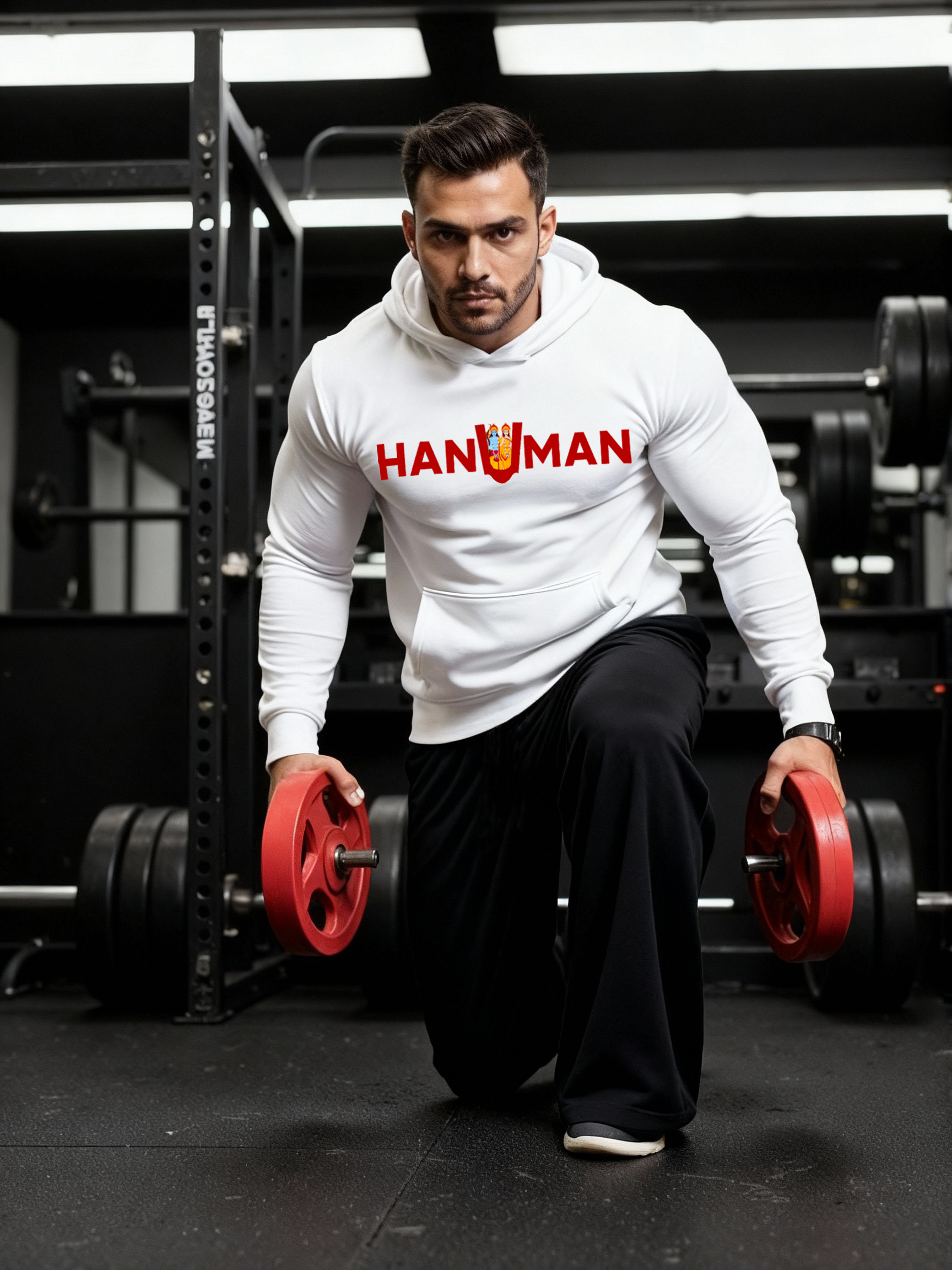 Man wearing a white Parambhakt ‘Hanuman in U’ Training Hoodie performing a lunge with weight plates inside a gym.