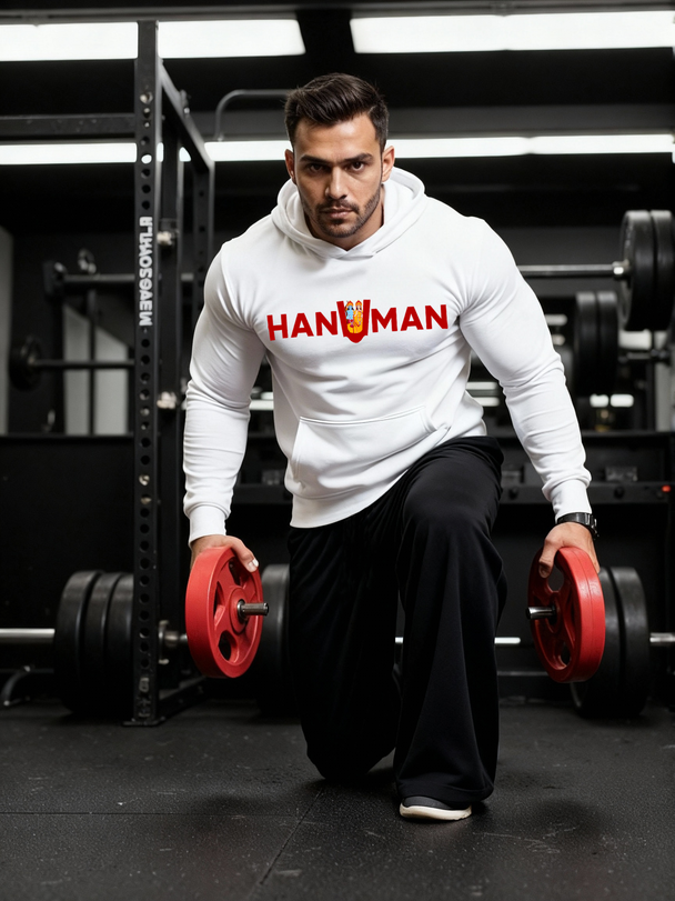 Man wearing a white Parambhakt ‘Hanuman in U’ Training Hoodie performing a lunge with weight plates inside a gym.