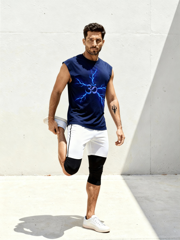Man stretching before a workout while wearing the Parambhakt Om Oversized Tank Top with electric blue Om artwork.