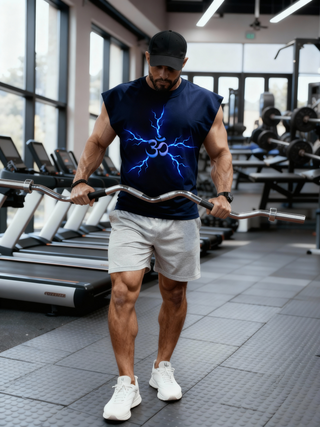 Man working out in a gym while wearing the Parambhakt Om Oversized Tank Top, featuring an electric blue Om symbol as he performs a barbell curl.
