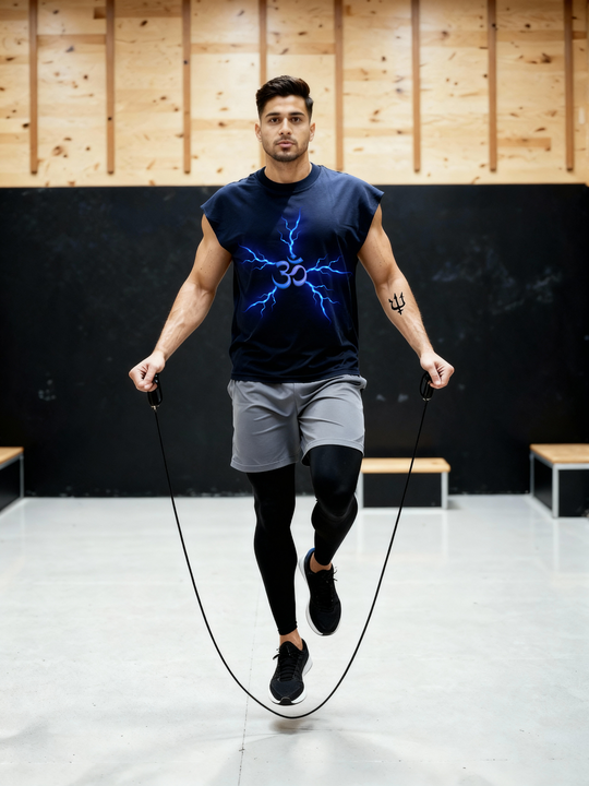 Man doing jump rope workout while wearing the Parambhakt Om Oversized Tank Top with an electric blue Om design in a gym setting.