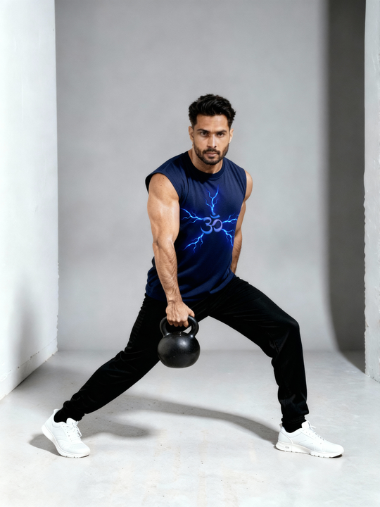 Man exercising with a kettlebell while wearing the Parambhakt Om Oversized Tank Top, featuring an electric blue Om design during a strength workout.