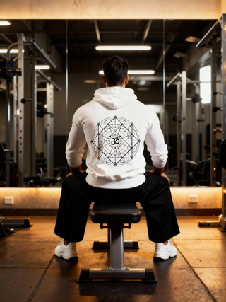 Man wearing the Parambhakt Om Sacred Geometry Training Hoodie, seated on a gym bench facing the mirror, showing the detailed Om mandala design on the back.