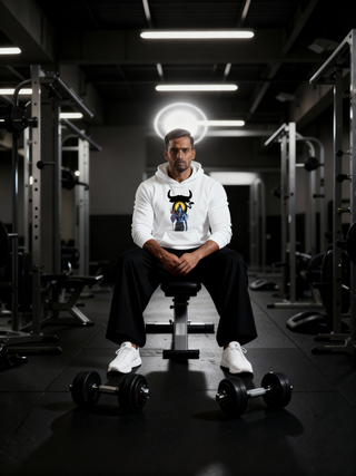Man wearing the Parambhakt Shiv Nandi Training Set, seated on a gym bench with dumbbells placed in front, under dramatic lighting.