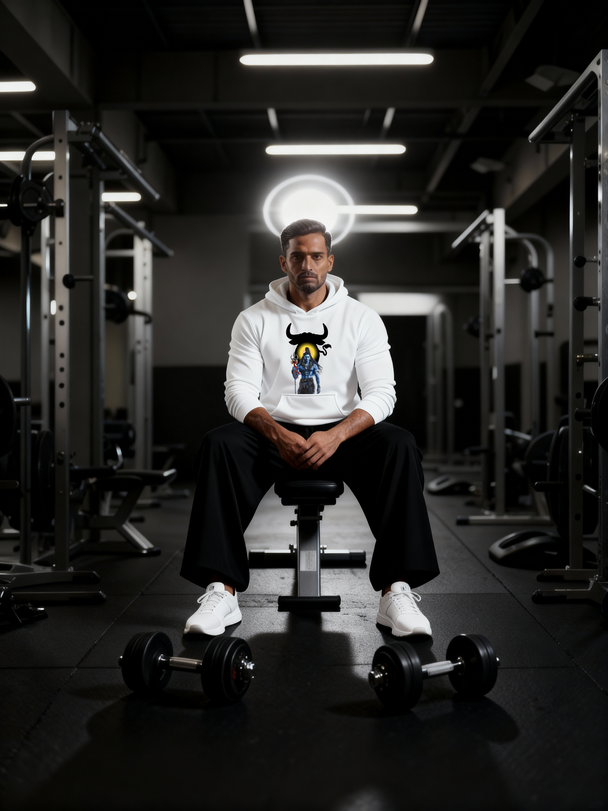 Man wearing the Parambhakt Shiv Nandi Training Set, seated on a gym bench with dumbbells placed in front, under dramatic lighting.