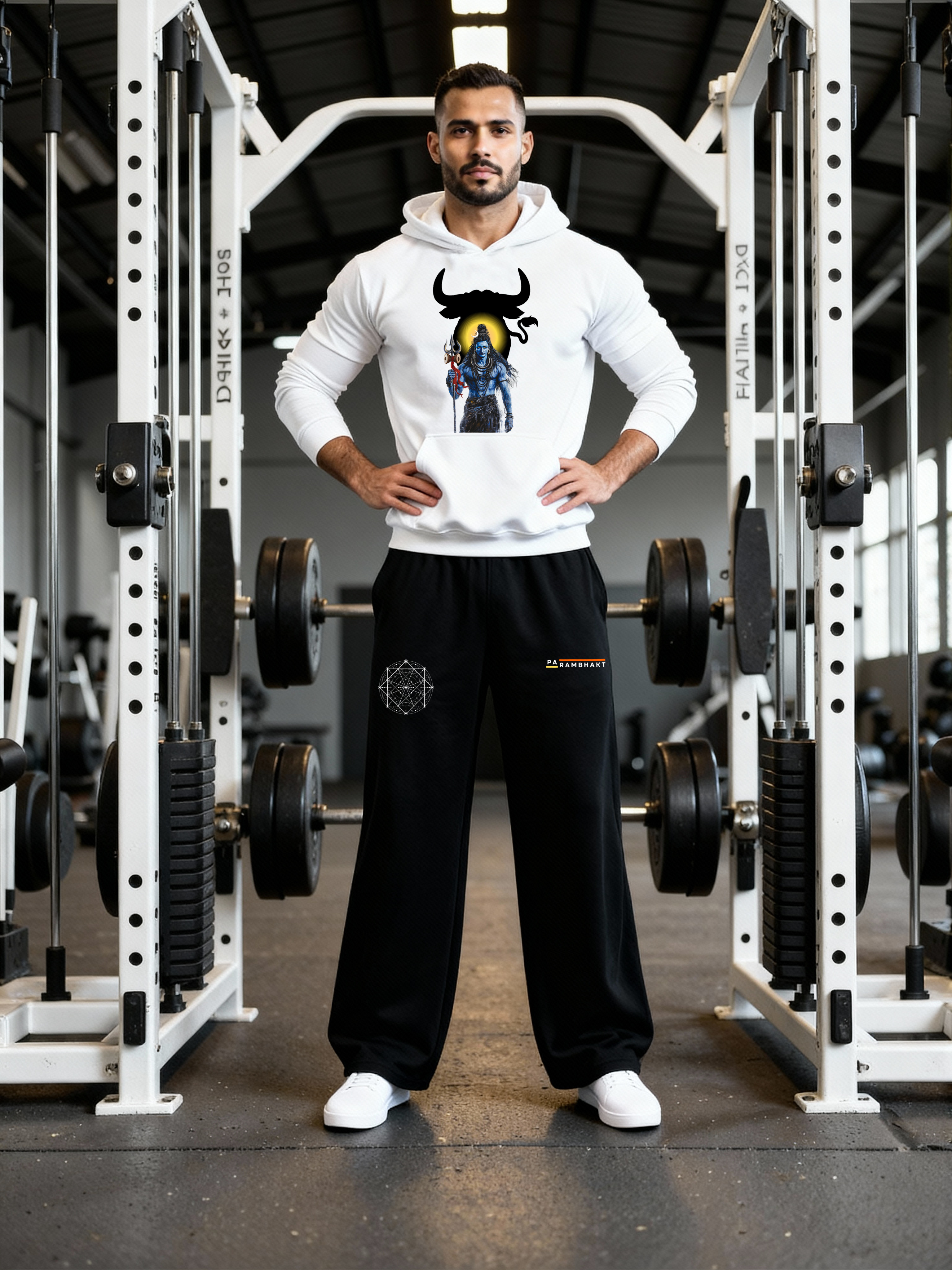 Man wearing the Parambhakt Shiv Nandi Training Set, standing confidently in a gym with weight racks in the background.