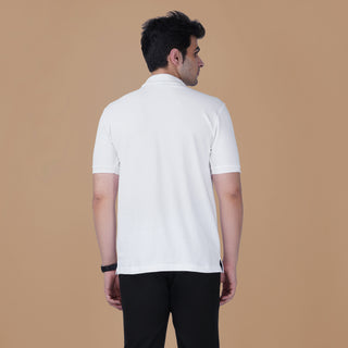 Back view of the white Parambhakt Shivji Trishul Polo worn by a model against a neutral studio background.