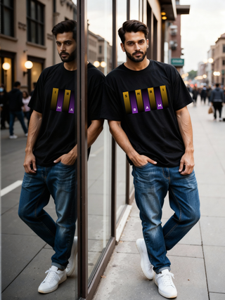 Man standing on a city street wearing Parambhakt Shri Ram oversized T-shirt.