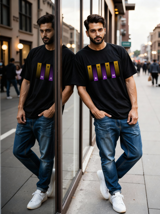 Man standing on a city street wearing Parambhakt Shri Ram oversized T-shirt.