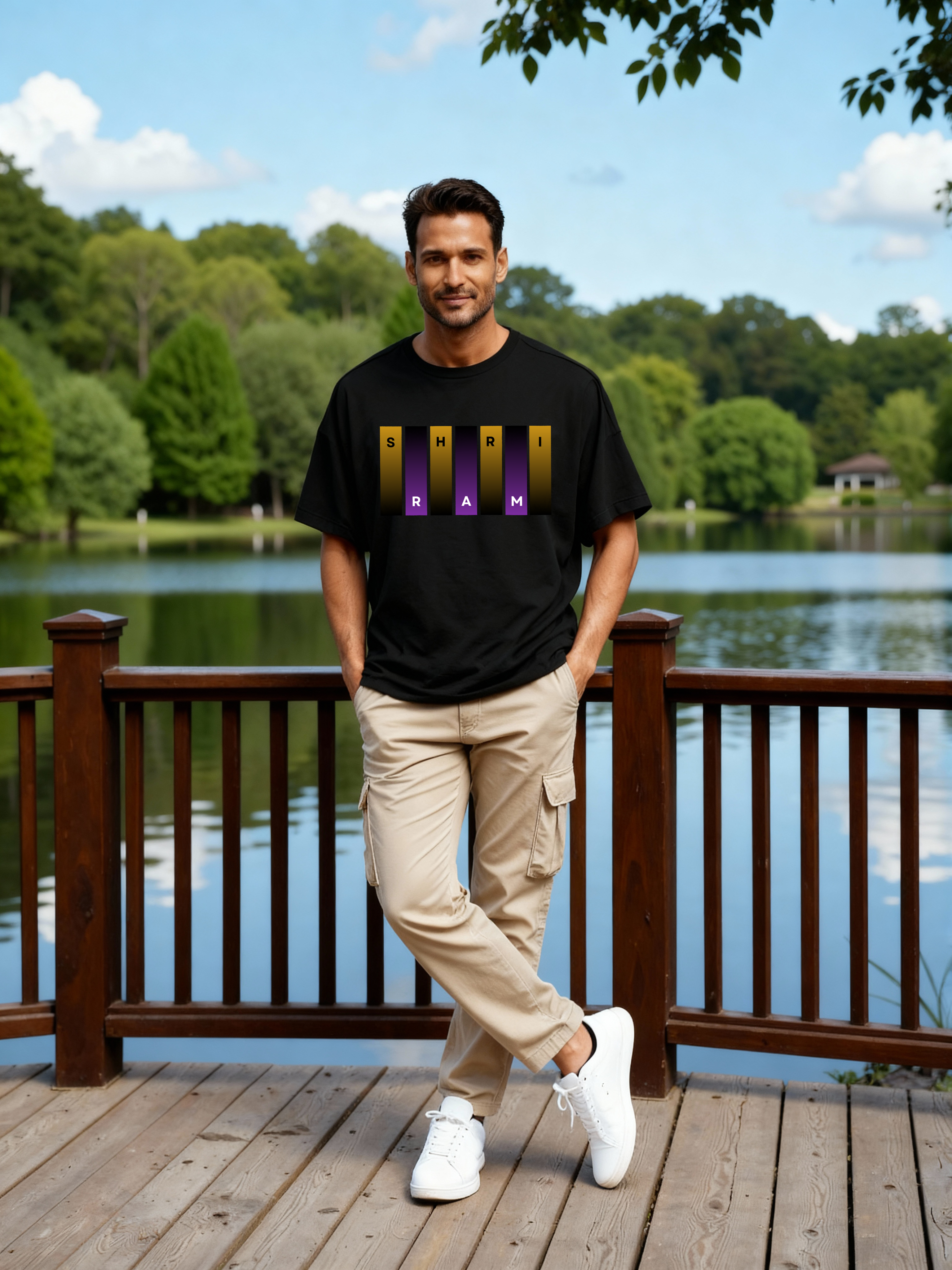 Man at a wooden lakeside deck wearing Parambhakt Shri Ram oversized T-shirt in a casual outdoor look.