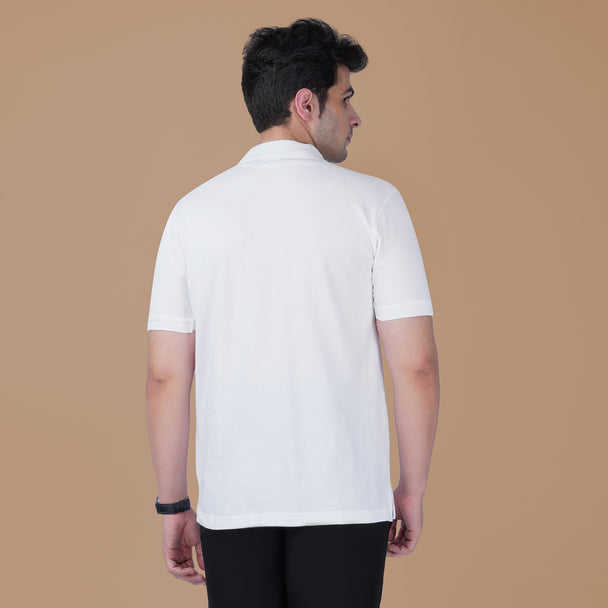 Back view of the white Parambhakt Siya Ram Tilak Polo worn by a model against a neutral studio background.