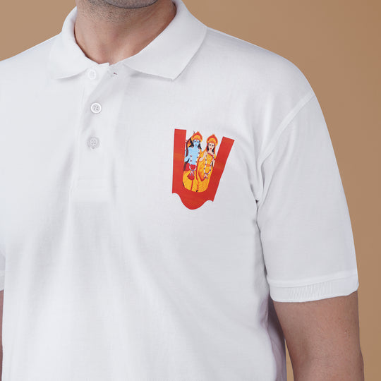 Close-up of the Siya Ram Tilak artwork printed on the white Parambhakt polo shirt featuring Ram ji and Sita ji design.