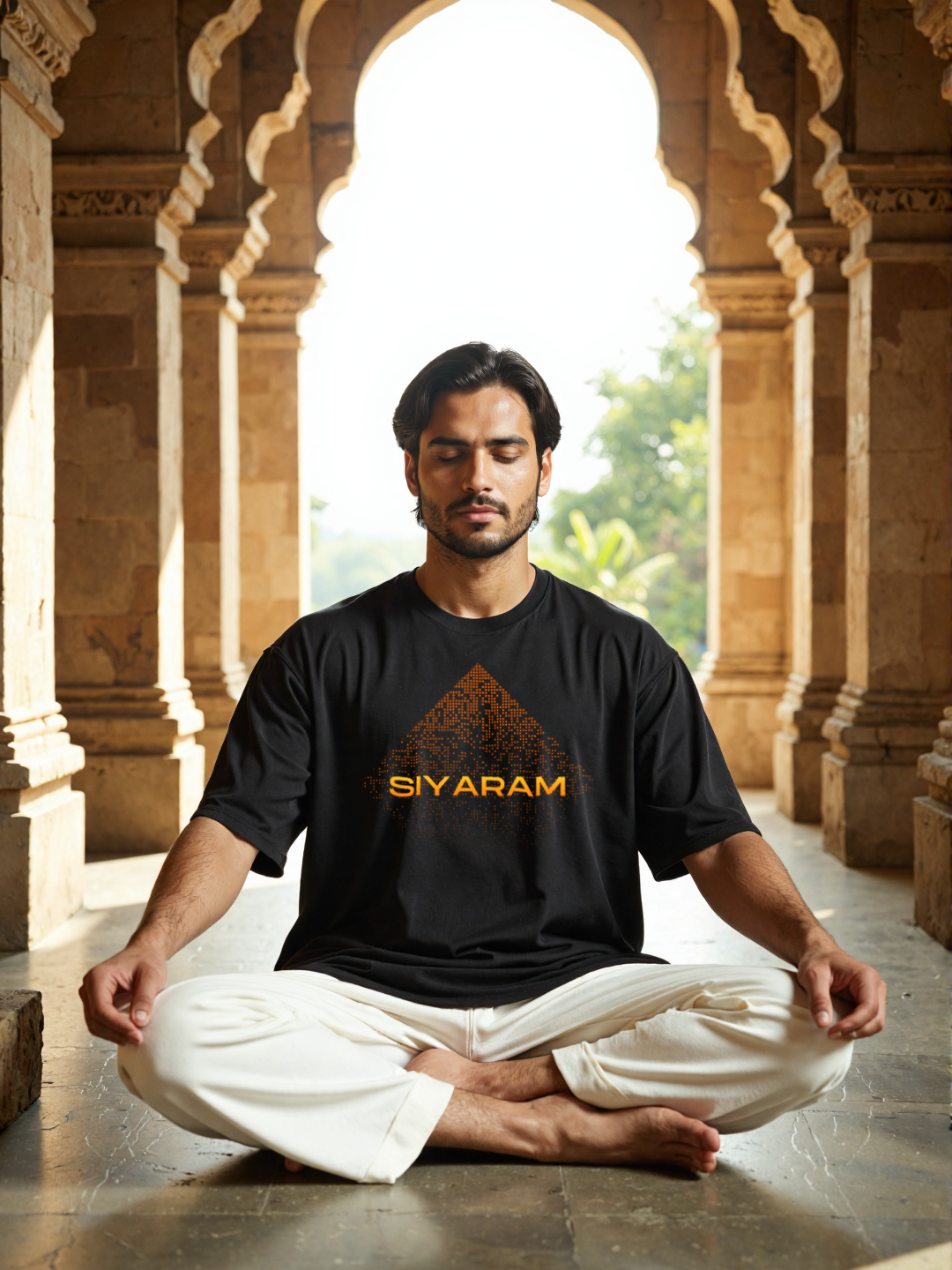 Man meditating in traditional mandir wearing Parambhakt Siyaram oversized T-shirt.