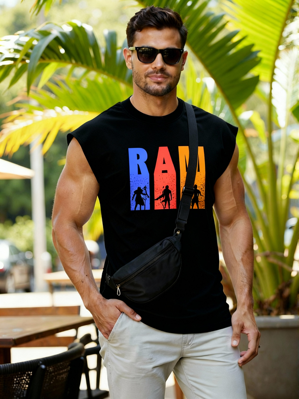 Man wearing a Parambhakt Tridev Oversized Tank Top in an outdoor setting, featuring the bold RAM design inspired by divine silhouettes.