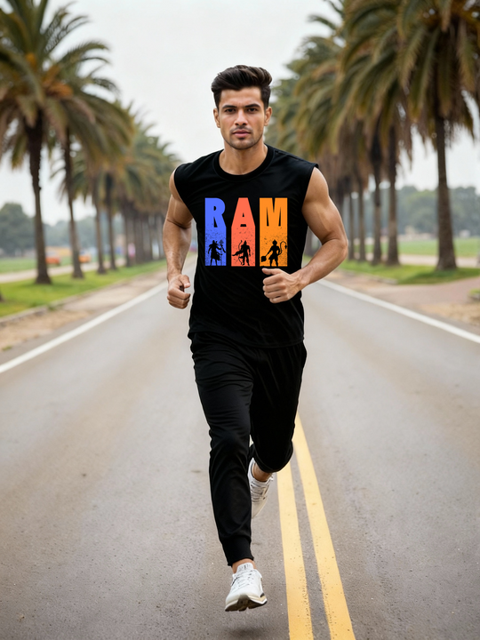 Man running on a palm-lined road wearing the Parambhakt Tridev Oversized Tank Top with the vibrant RAM graphic.