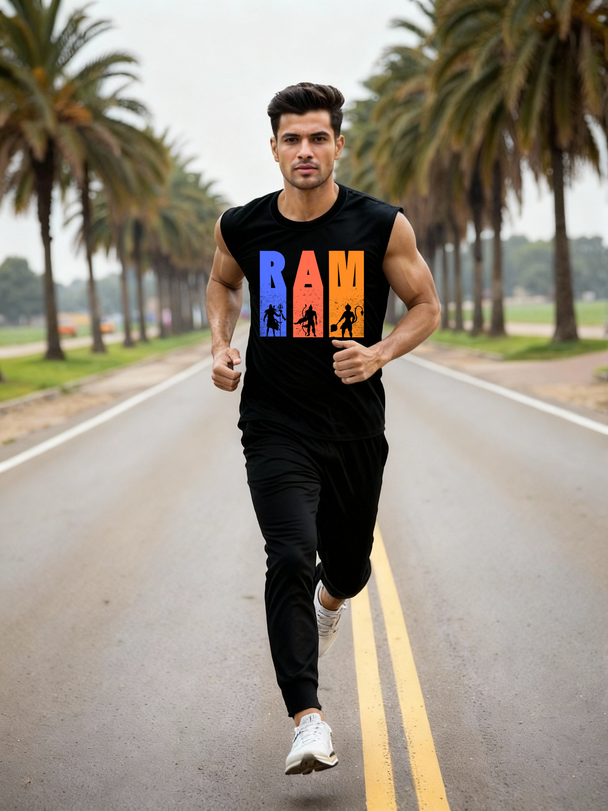 Man running on a palm-lined road wearing the Parambhakt Tridev Oversized Tank Top with the vibrant RAM graphic.