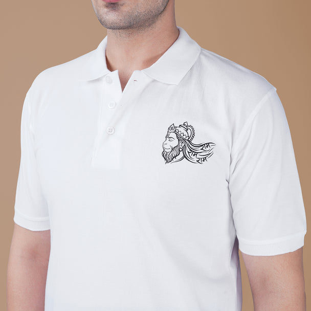 Close-up of the Veer Hanumanji artwork printed on the white Parambhakt polo T-shirt highlighting the spiritual design.