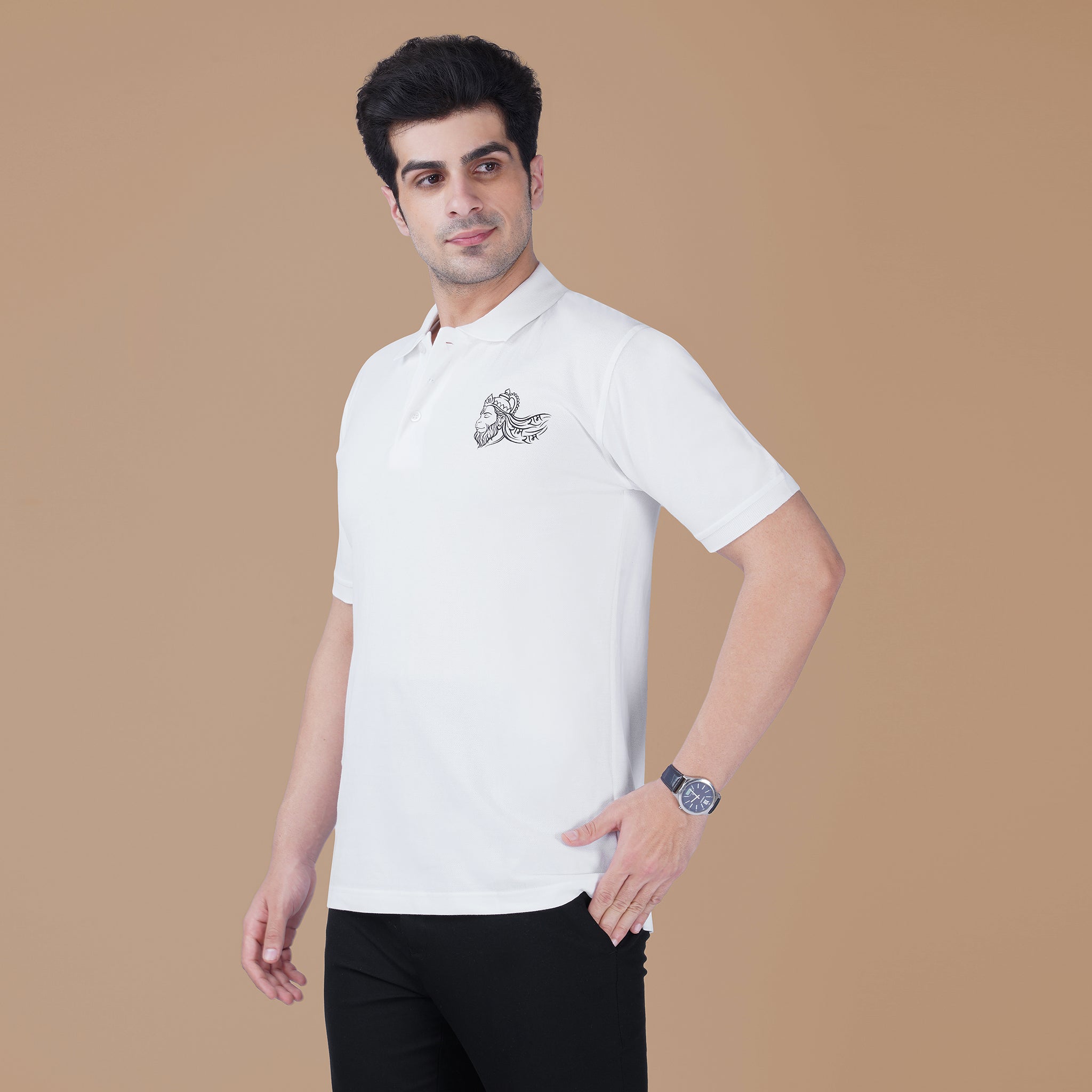Model wearing the white Parambhakt Veer Hanumanji Polo T-shirt featuring a subtle Hanumanji artwork on the chest.