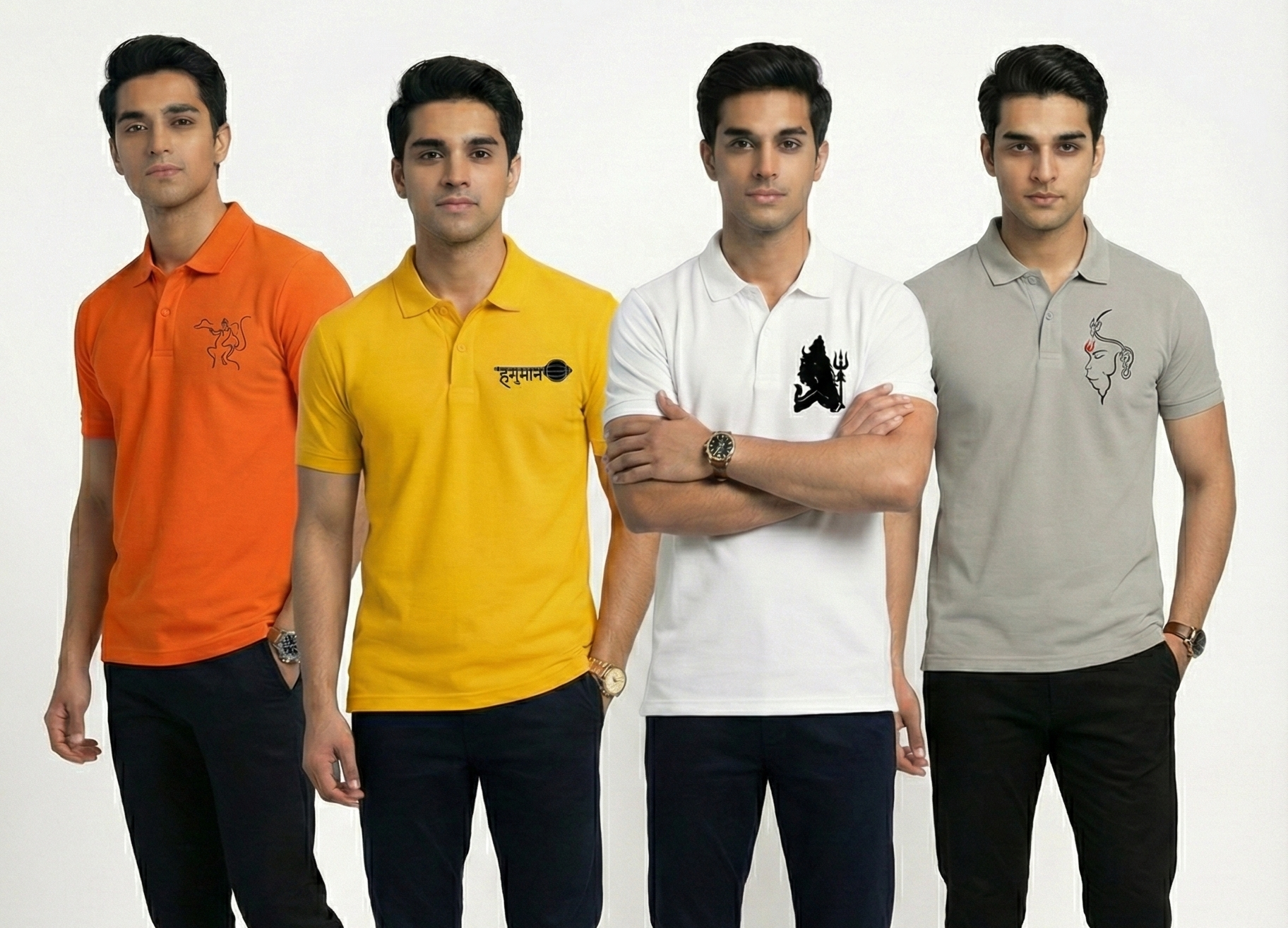 Four men wearing Parambhakt polo t-shirts on a white studio background