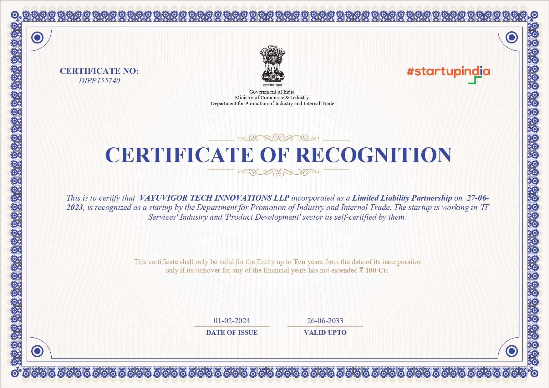 Startup India Certificate of Recognition issued to Vayuvigor Tech Innovations LLP, acknowledging the company as a recognized startup under the Department for Promotion of Industry and Internal Trade (DPIIT), Government of India. Certificate number DIPP155740, dated 01-02-2024